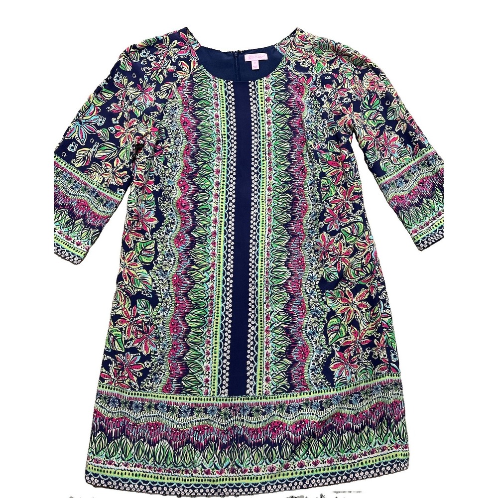 Lilly Pulitzer Women's 12 Silk Navy Green Pink Not Too Catty Rylee Shift Dress